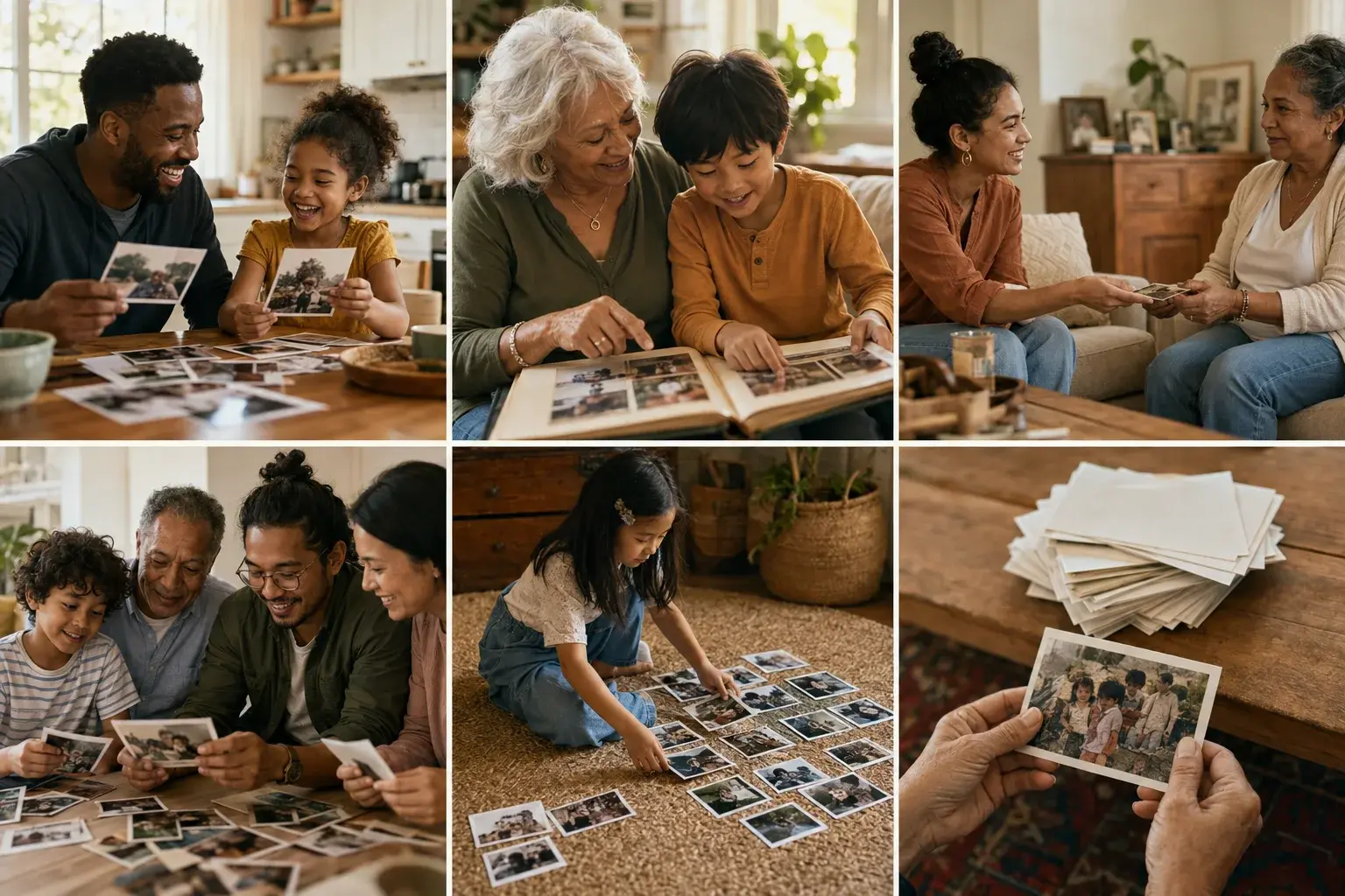 Hands holding a printed family photograph beside a small stack of prints
